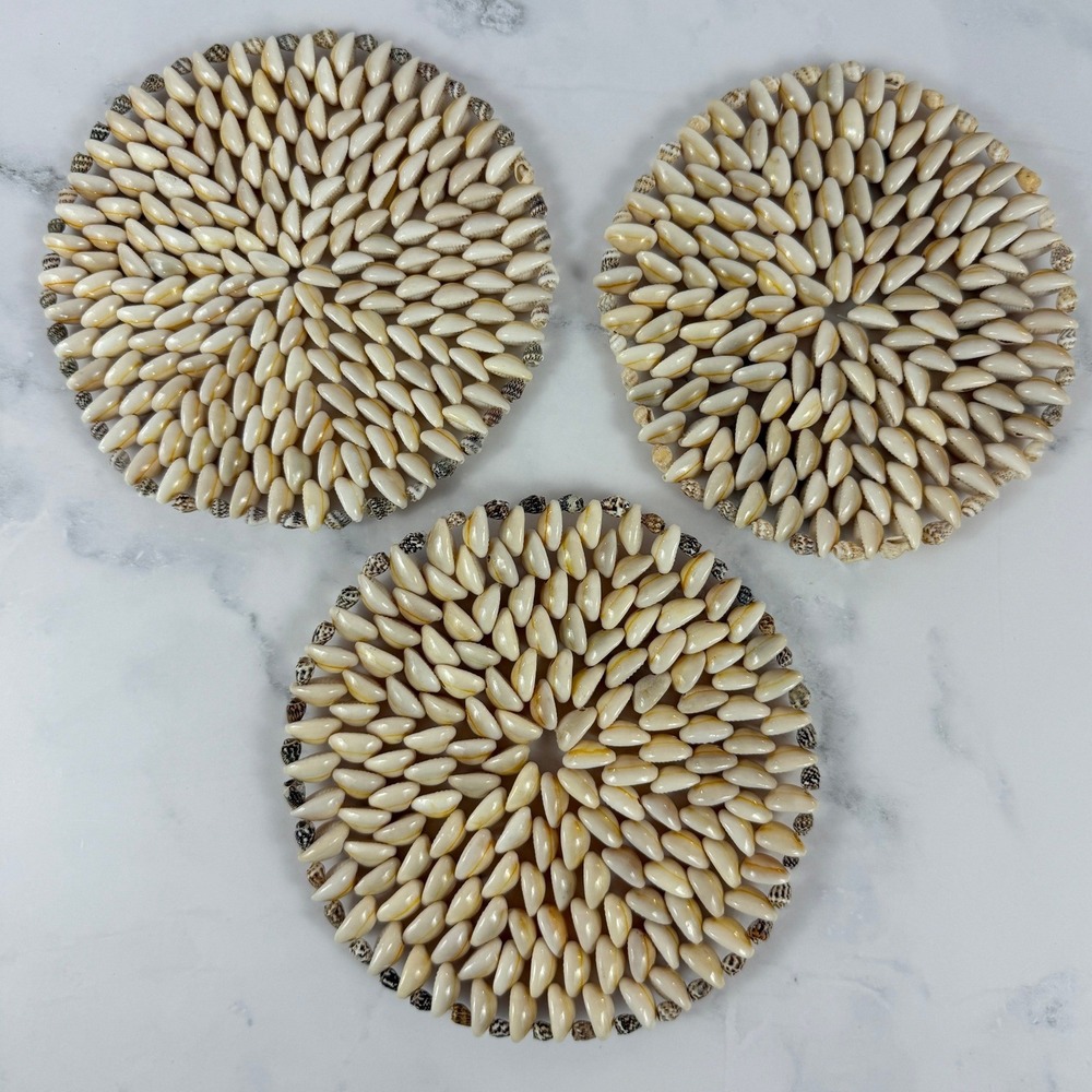 VTG Set of 3 Cowrie Shell Trivets 6" Wide EUC!